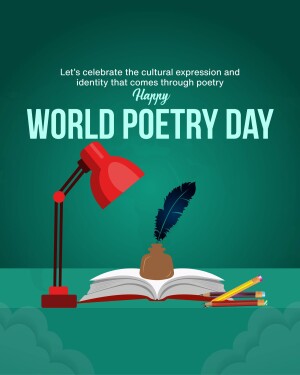 World Poetry Day graphic with a lamp, quill, and open book