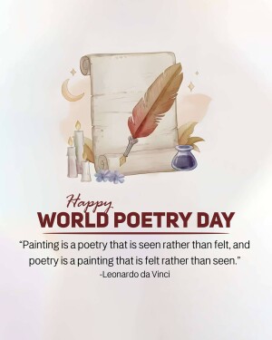 Watercolor illustration of a scroll, quill, inkwell, and candles with the text 'Happy World Poetry Day'