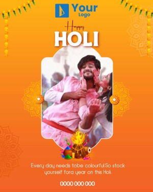 Happy Holi image with a couple celebrating and colorful decorations.