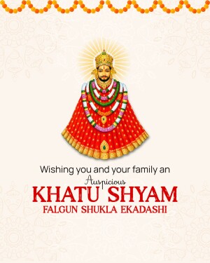 Image of Khatu Shyam Baba with a festive greeting for Falgun Shukla Ekadashi