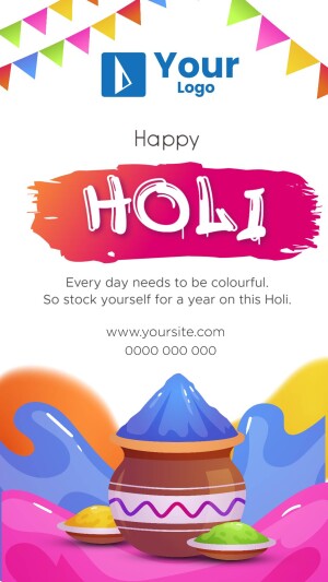 Colorful Happy Holi banner with logo space and festive decorations.