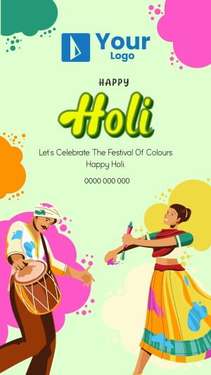 Holi festival graphic with people celebrating and colorful splashes.