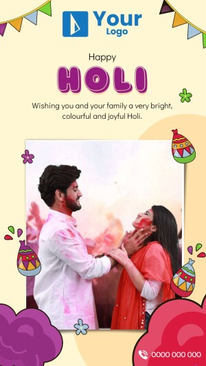 Holi celebration with a couple covered in colors and festive decorations.