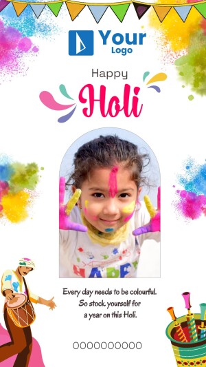 A colorful Happy Holi graphic with a child covered in Holi powder.