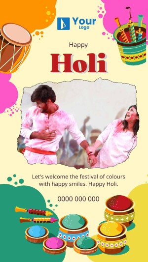 Image depicting a couple celebrating Holi with colorful powder and festive decorations.