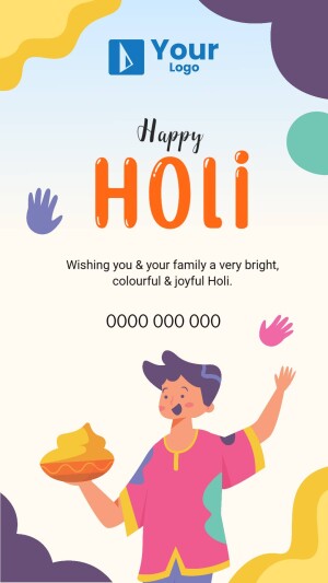Illustration of a boy celebrating Holi with colorful elements and text wishing a happy Holi.