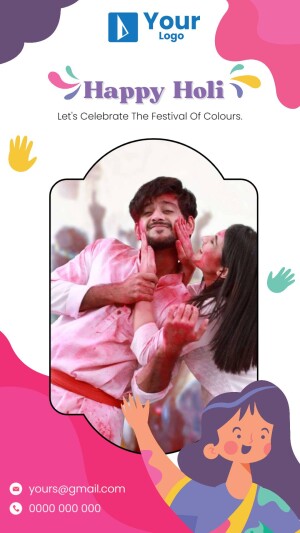 Image depicting a couple celebrating Holi, the festival of colors, with colorful powder and joyful expressions.