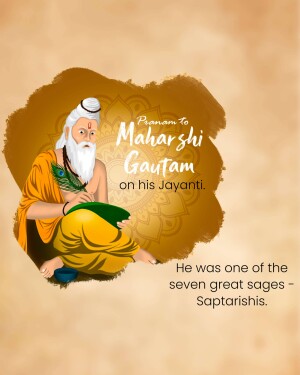 Illustration of Maharshi Gautam, a revered sage, with text celebrating his Jayanti.