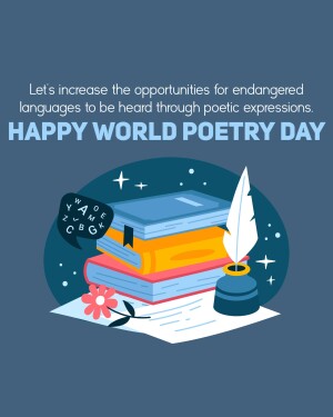 Illustration of books, a quill, and a speech bubble with letters, celebrating World Poetry Day and endangered languages.