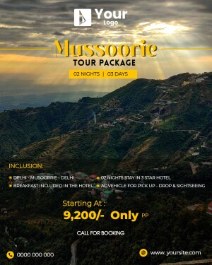 Mussoorie Tour Package advertisement with scenic mountain view