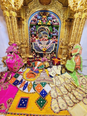 Close-up of a beautifully decorated Hanuman shrine with offerings and vibrant textiles.