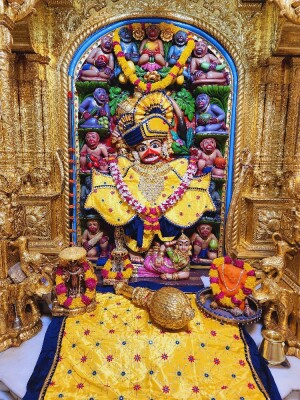 Close-up of a beautifully decorated Hanuman idol in a temple setting.