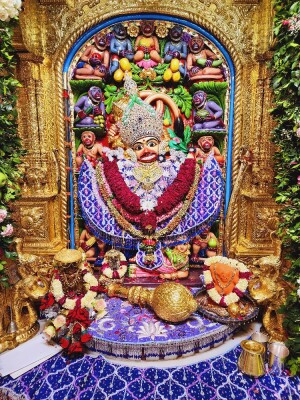 Ornate golden frame surrounding a vibrant depiction of Hanuman Ji with surrounding deities and floral decorations.
