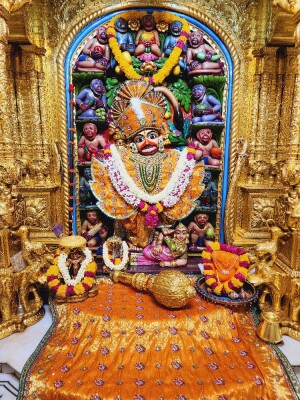 Close-up of a beautifully decorated Hanuman idol within a golden temple frame.