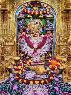 Ornate golden frame surrounding a vibrant Hanuman idol adorned with flowers and garlands.