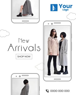Mobile phone screens displaying new fashion arrivals with models wearing coats and dresses.