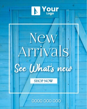 Advertisement for new arrivals with a blue wooden background and white text.