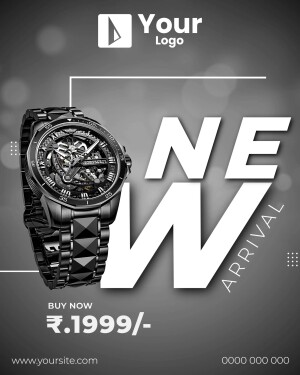 Black luxury watch with 'New Arrival' text and price.