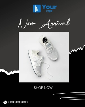 White sneakers on a black and white abstract background with 'New Arrival' text and a 'Shop Now' button.