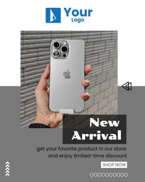 Image of a hand holding a new iPhone with promotional text.