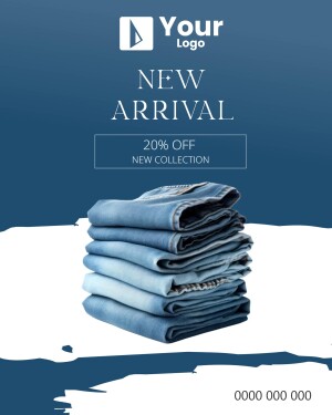 Image of a stack of blue jeans with a 'New Arrival' promotion and 20% off offer.