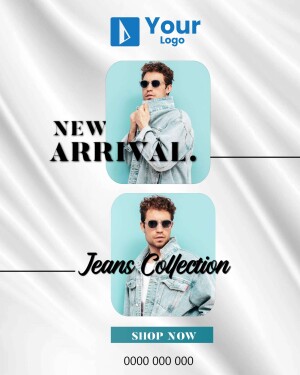 Fashion advertisement featuring a model wearing jeans with a 'New Arrival' announcement.