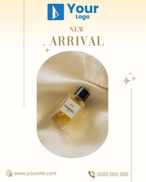 Chanel perfume bottle on a silk background with 'New Arrival' text.