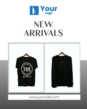 Advertisement for new black t-shirt arrivals with front and back views.