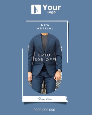 Man wearing a navy blue suit with a sale promotion