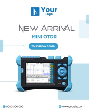 Image of a blue Mini OTDR device with a screen displaying a graph, promoting a new arrival.