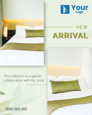 Elegant hotel room with a comfortable bed and soft lighting, promoting a new arrival collection.