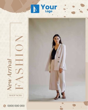 Woman wearing a beige suit, promoting a new fashion arrival.