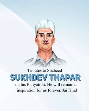 Portrait of Shaheed Sukhdev Thapar with tribute text