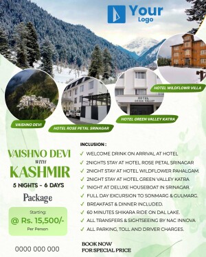 Promotional flyer for a 6-day tour package to Vaishno Devi and Kashmir.