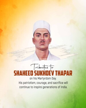 Portrait of Shaheed Sukhdev Thapar with Indian flag colors in the background