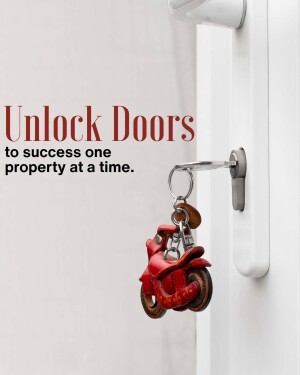 A key with a motorcycle keychain hanging in a door lock.