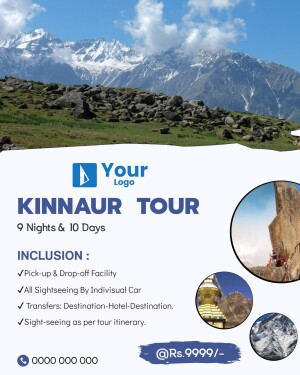 Kinnaur Tour Package advertisement with mountain backdrop and tour details.