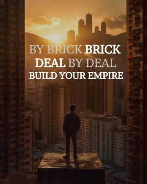 Silhouette of a man overlooking a city skyline at sunset with motivational text.