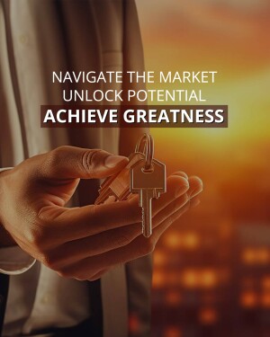 Hand holding keys with city skyline and motivational text