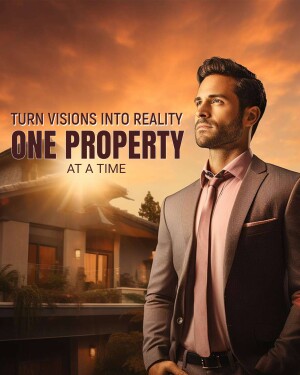 Man in a suit looking towards a modern house with text 'One Property - Turn Visions into Reality'