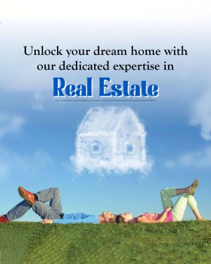 Couple relaxing on grass with a house-shaped cloud and real estate text.
