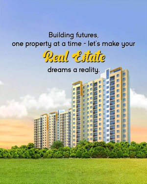 Image of modern apartment buildings with text promoting real estate dreams.