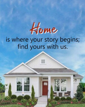 Image of a white house with blue sky and text 'Home is where your story begins; find yours with us.'