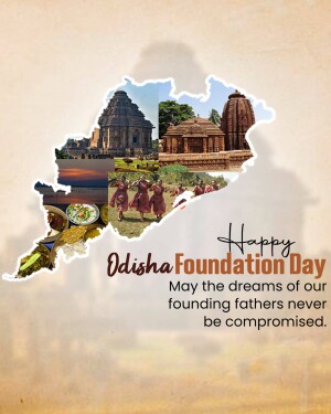 Odisha Foundation Day graphic with landmarks and map