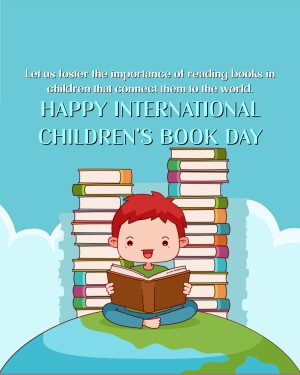 Illustration of a boy reading a book on top of a stack of books shaped like the world, celebrating International Children's Book Day.