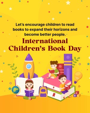 Illustration promoting International Children's Book Day with children reading books and educational elements.