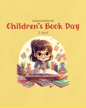 Illustration of a girl reading a book surrounded by books and plants for International Children's Book Day.