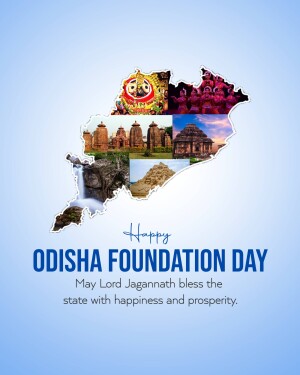 Odisha Foundation Day graphic with state map and landmarks
