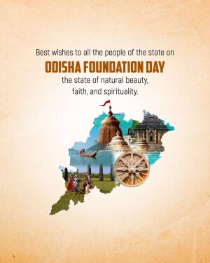 Odisha Foundation Day graphic with map, Jagannath Temple, and cultural elements