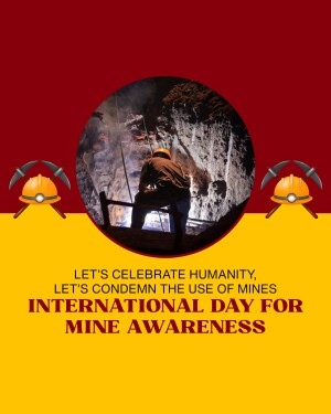 Image promoting International Day for Mine Awareness with a miner silhouette and mine symbols.